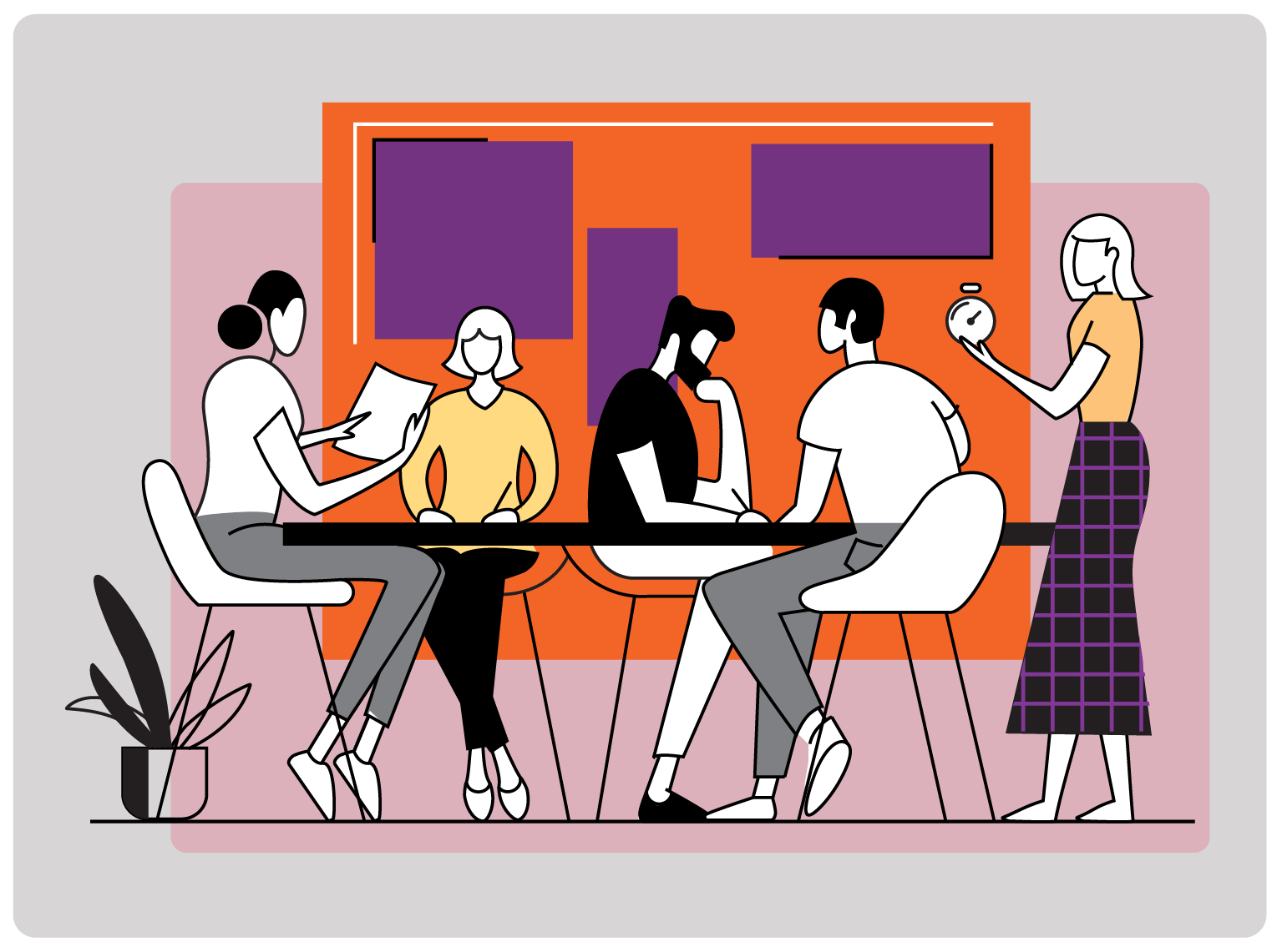 Design thinking workshop illustration depicting people working around a table